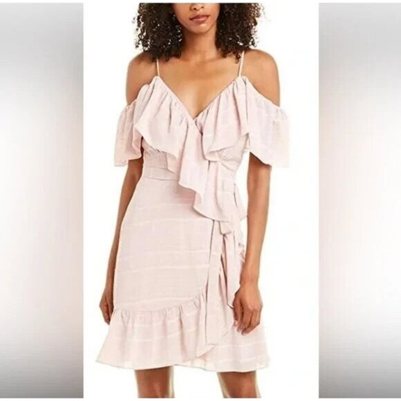 WAYF Wrap Dress Elise Blush Pink Ruffled Cold Shoulder NWT - Picture 1 of 12